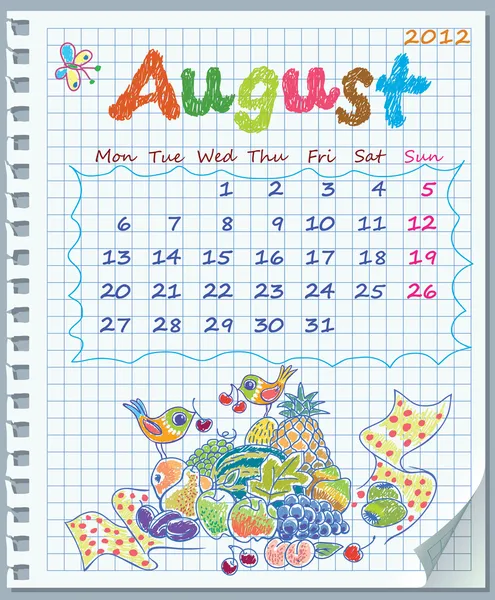 Calendar for August 2012. Week starts on Monday. Illustration of fruit yie — Stock Vector