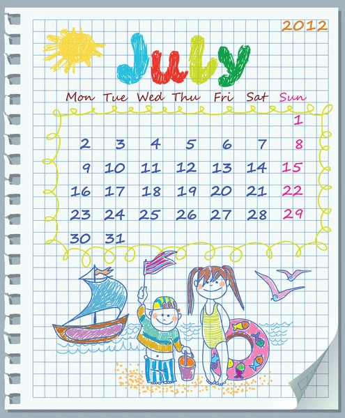 Calendar for July 2012. Week starts on Monday. Illustration of the summer. — Stock Vector