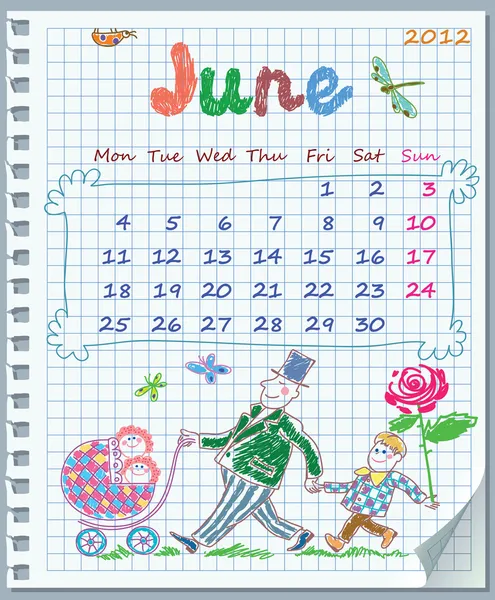 Календарь на июнь 2012 года. В понедельник начинается неделя . — стоковый вектор