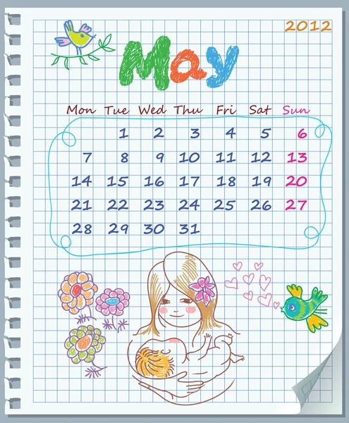 Calendario de mayo de 2012. La semana comienza el lunes. Libro de ejercicios en una jaula. Illu. — Vector de stock