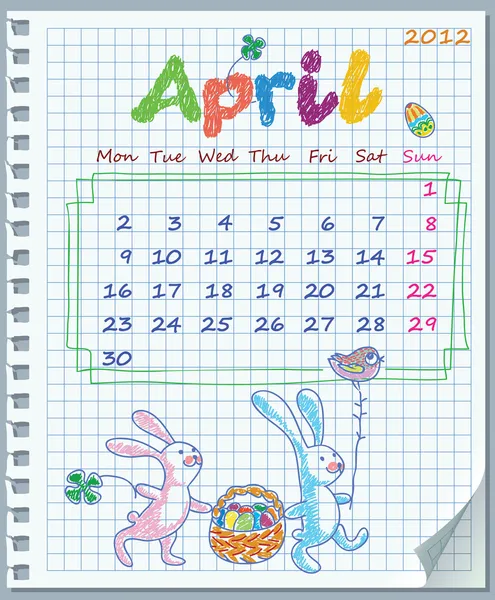 Kalendarz do kwietnia 2012. tydzień rozpoczyna się w monday.illustration wschodniej groŸny obraz. — Wektor stockowy