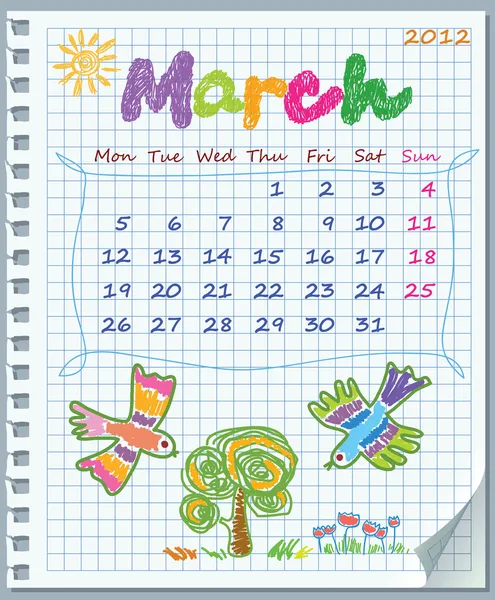 2012 年 3 月的日历。周从星期一开始。从一个笔记本撕毁我的叶 — 图库矢量图片