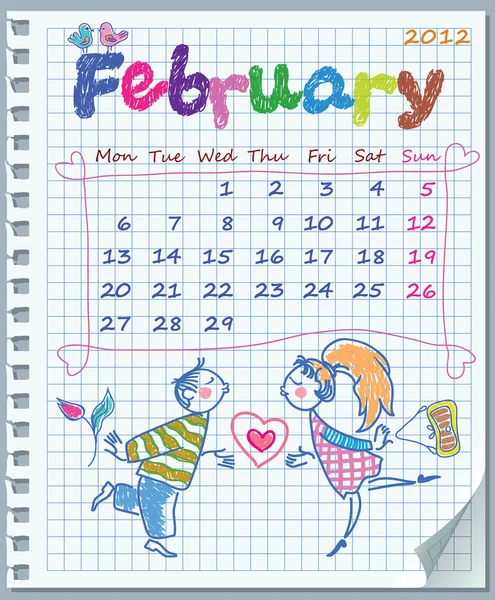 2012 年 2 月的日历。周从星期一开始。叶从 noteboo 撕毁 — 图库矢量图片