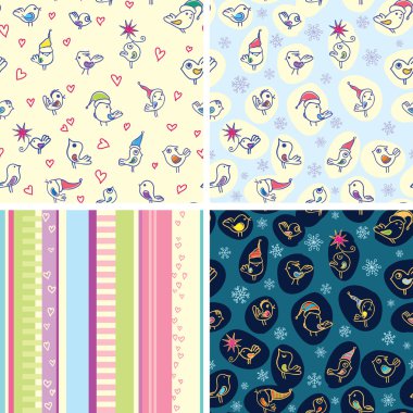 Options for seamless décor of birds in the caps. Infant theme. Vector clipart