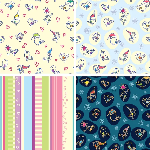 Options for seamless décor of birds in the caps. Infant theme. Vector — Wektor stockowy