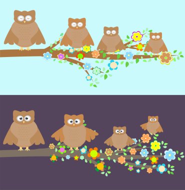 Family of owls sitting on a branch clipart