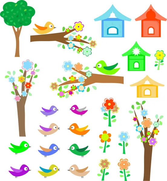 Instellen van vogels met nestkastjes, bomen en bloemen — Stockvector