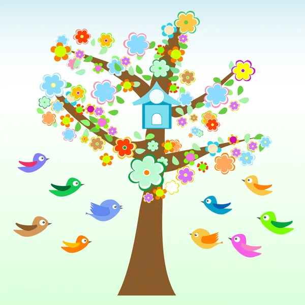 Vektorvogel und Herbstbaum mit Blumen und Blättern Karte — Stockvektor