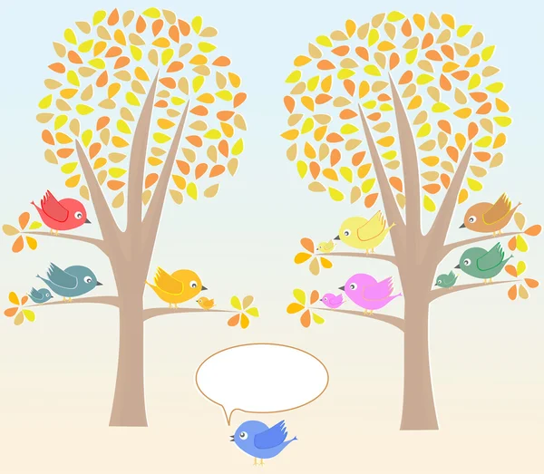 Biglietto di auguri con simpatici uccelli sotto il vettore albero — Vettoriale Stock