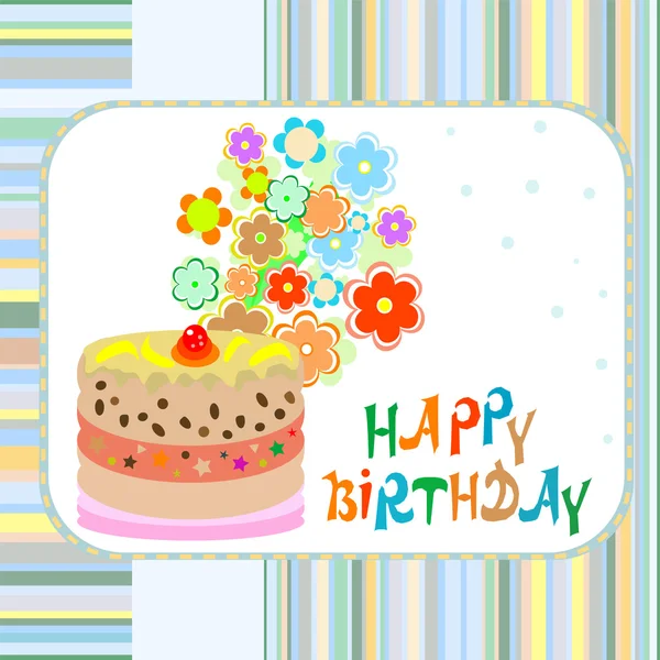 Pastel y flores feliz cumpleaños saludo vector de fondo — Archivo Imágenes Vectoriales