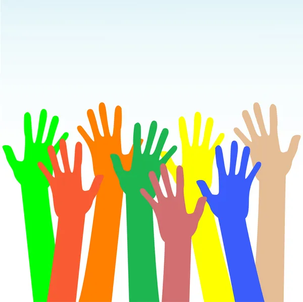 Vettore multicolore mani felici su sfondo blu — Vettoriale Stock