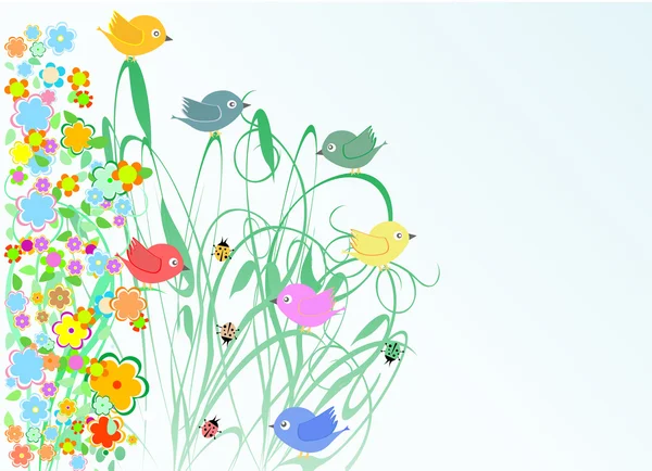 Χαριτωμένο λουλούδια και πουλί διακοπές ευχετήρια κάρτα φθινόπωρο διάνυσμα — Διανυσματικό Αρχείο