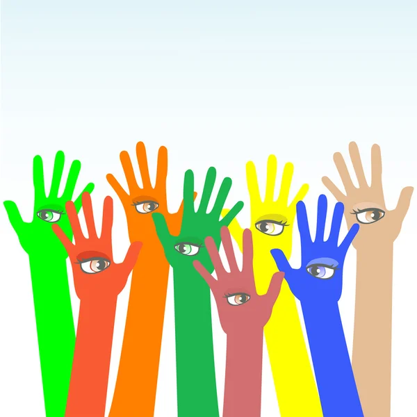 Heureuses mains vectorielles multicolores avec un bel œil — Image vectorielle