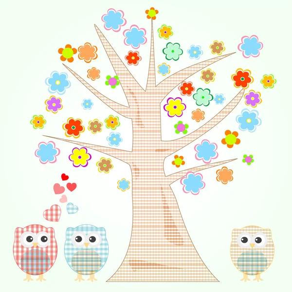 Piccoli gufi vettoriali nell'albero dell'amore e nei fiori — Vettoriale Stock