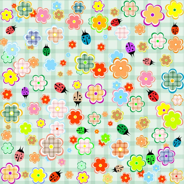 花とてんとう虫のシームレスなパターン背景 — ストックベクタ