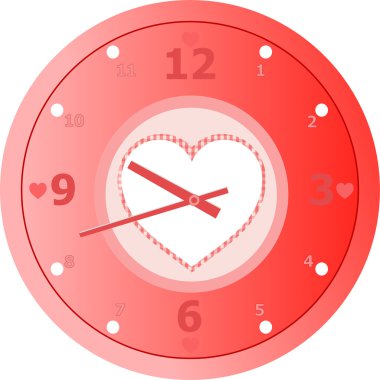 Red love Clock with heart shaped in dial plate Vector clipart