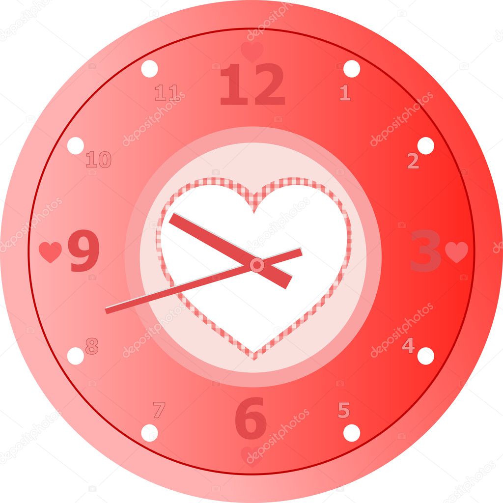 Red love Clock with heart shaped in dial plate Vector