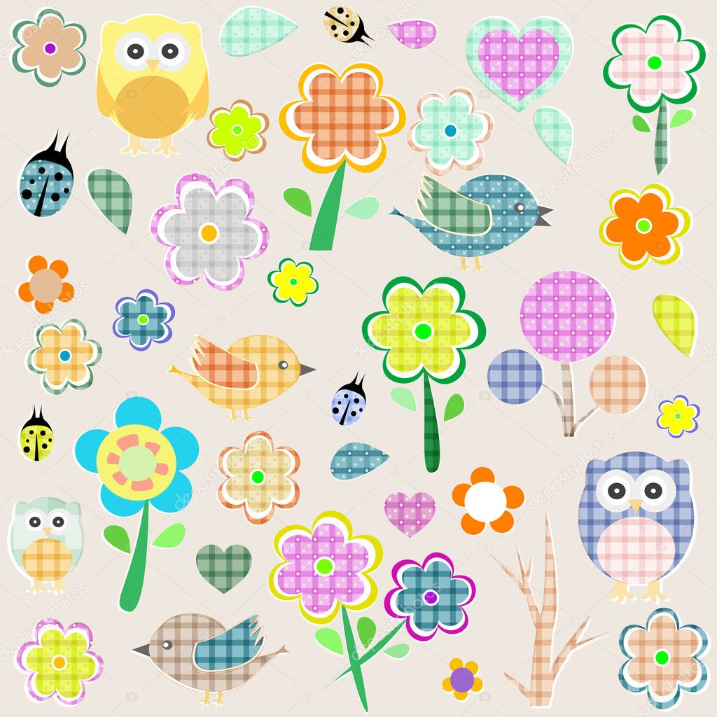 Retro spring nature and animal elements. vector background