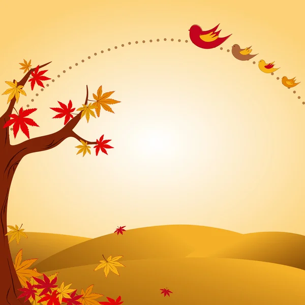 Herfst landschap boom kleurrijke blad en vogel — Stockvector