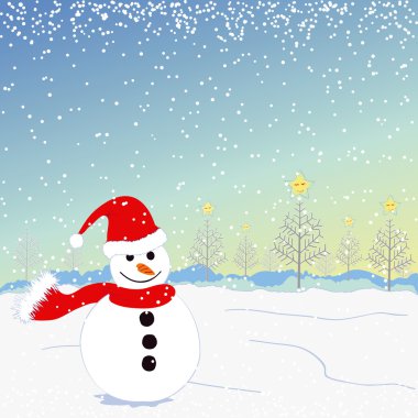 Christmas greeting snowman on white snow land clipart