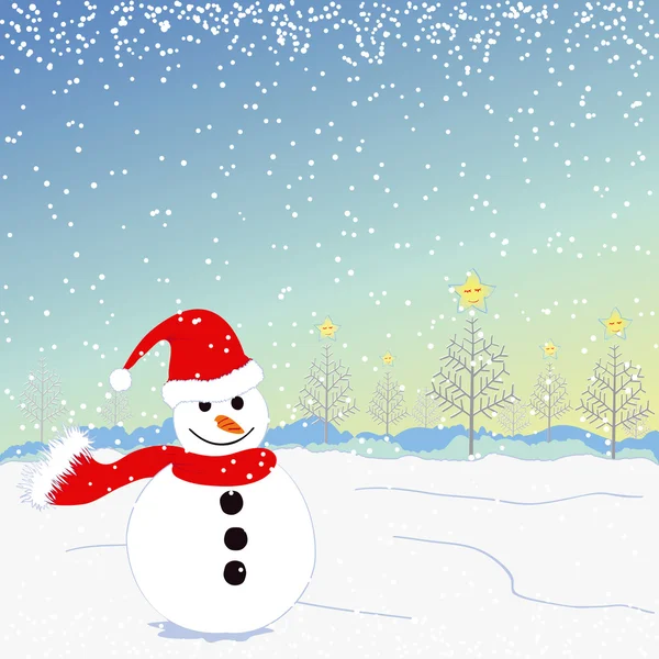 Navidad saludo muñeco de nieve en tierra de nieve blanca — Archivo Imágenes Vectoriales