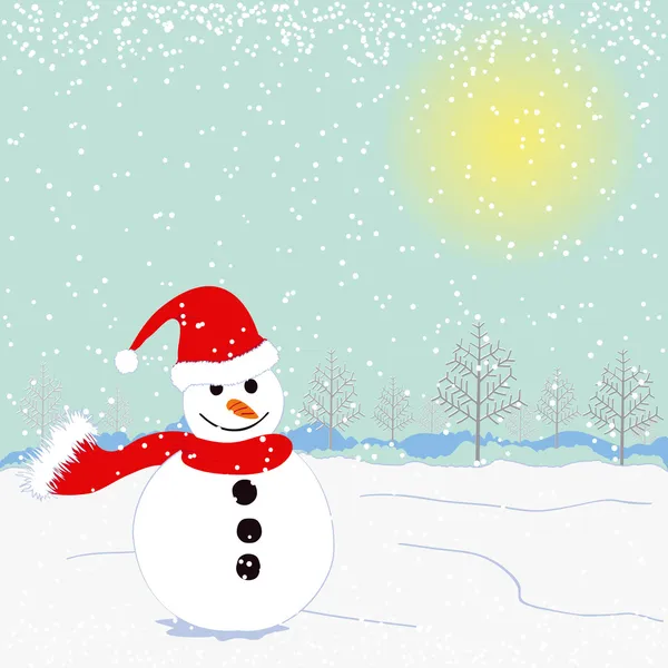 Julhälsning snögubbe på vit snö mark — Stock vektor