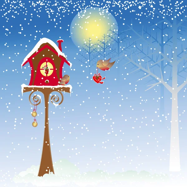 Saludos navideños a los pájaros robin y colorido regalo — Vector de stock