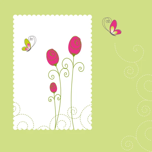 Primavera verano rosa mariposa tarjeta de felicitación — Vector de stock