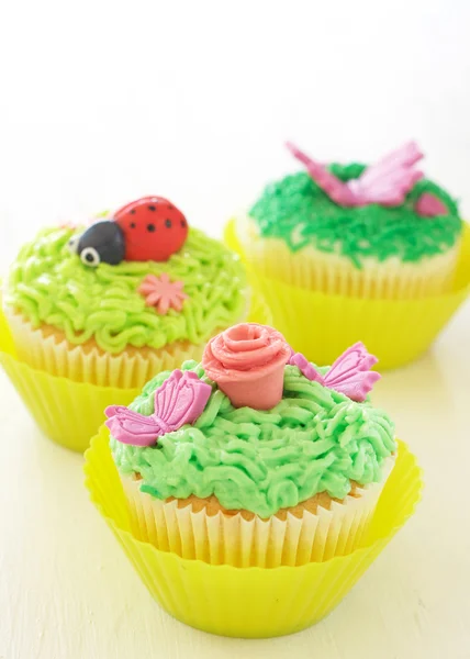 Cupcake alla vaniglia con varie decorazioni — Foto Stock