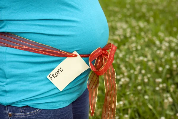 Femme enceinte montrant son ventre. Tag avec espace pour votre texte . — Photo
