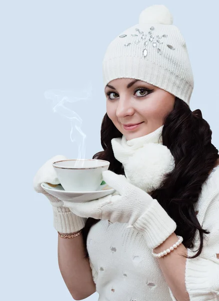 Girl drinking hot coffee — Stock Photo, Image