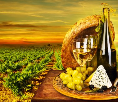 Wine and cheese romantic dinner outdoor clipart