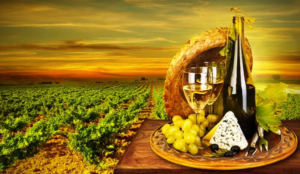 Víno a sýr romantickou večeři venkovní — Stock fotografie