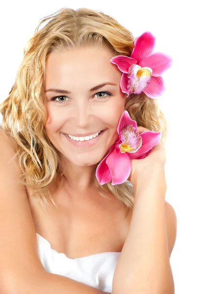 Pretty girl with pink flowers — Stock Photo, Image