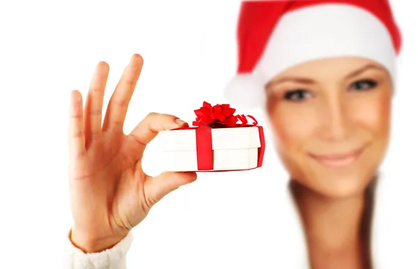 Santa flicka med gåva — Stockfoto