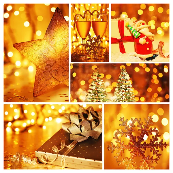 Zlatá koláž vánočních ozdob — Stock fotografie