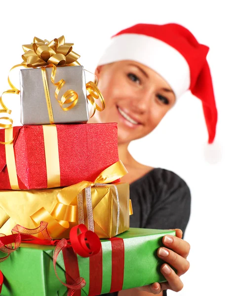 Santa girl with gifts — Stock Photo, Image