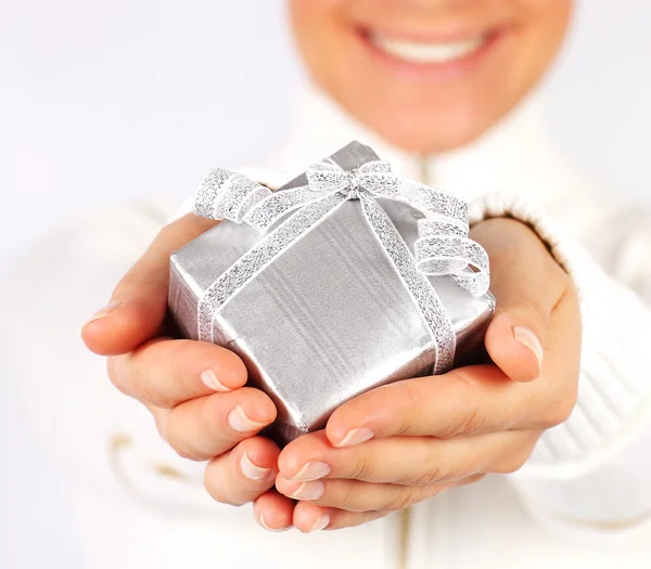 Happy female with a gift — Stock Photo, Image