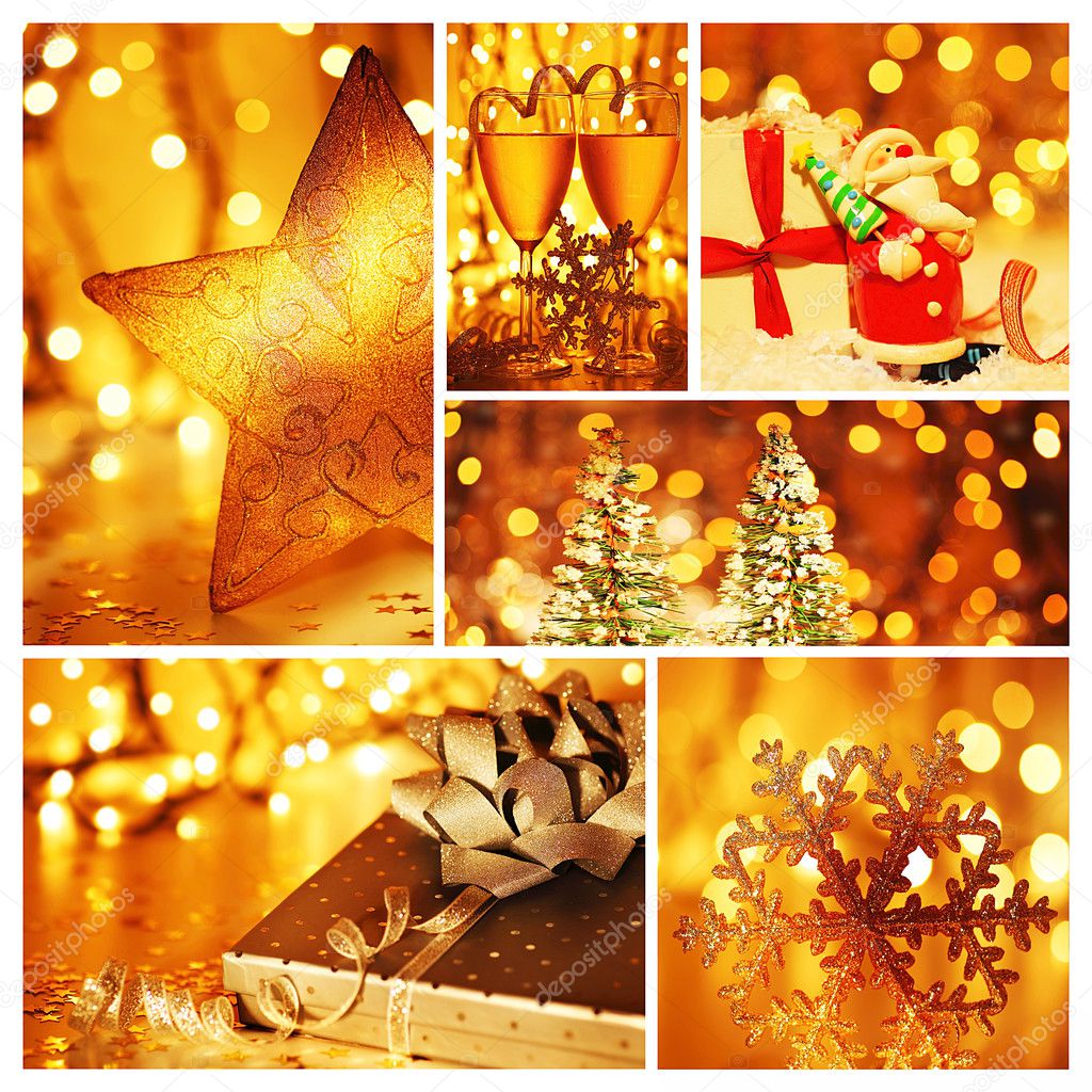 Golden collage of Christmas decorations