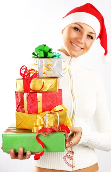 Happy santa meisje met geschenken — Stockfoto