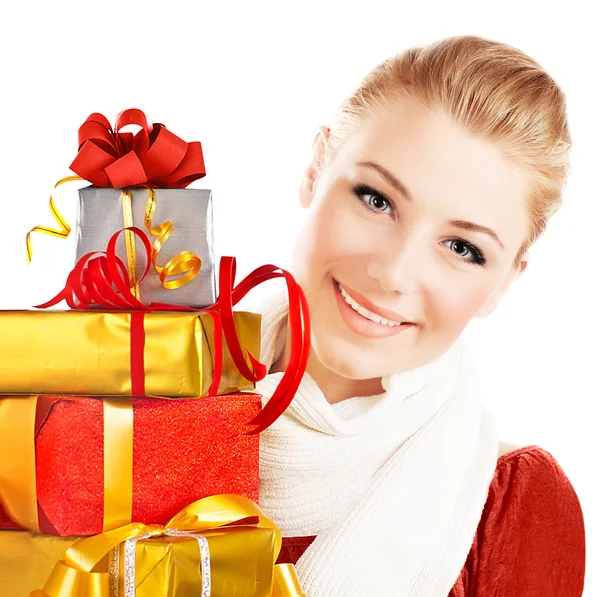 Beautiful female holding gifts — Stock Photo, Image