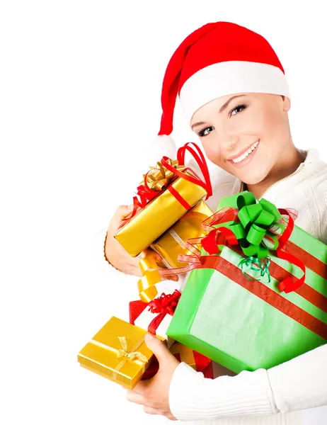 Boldog santa girl gazdaság karácsonyi ajándékok — Stock Fotó