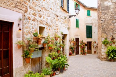 Majorca Valldemossa typical with flower pots in facade clipart