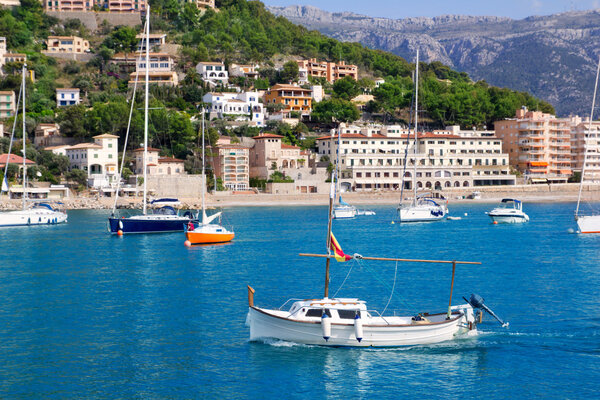 Soller port in Majorca island with tramontana mountain on background at Spain