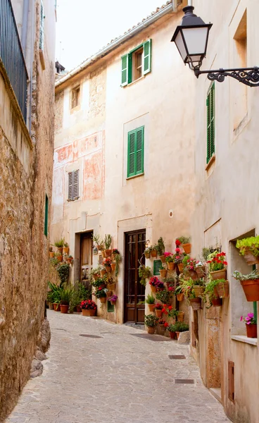 Mallorca Valldemossa typisch mit Blumentöpfen in Fassade — Stockfoto