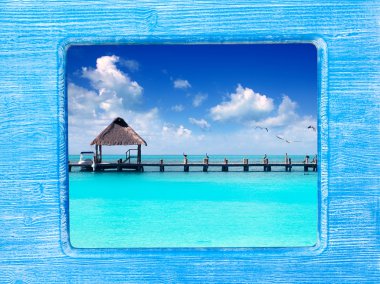Blue wood frame with Caribbean beach clipart