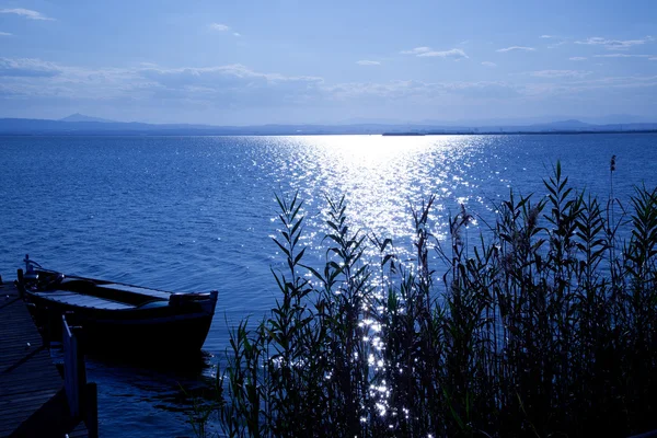 stock image Albufera blue boats lake in El Saler Valencia