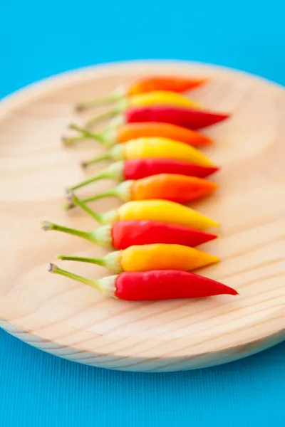 Kolorowe hot chili peppers wiersz na talerzu — Zdjęcie stockowe