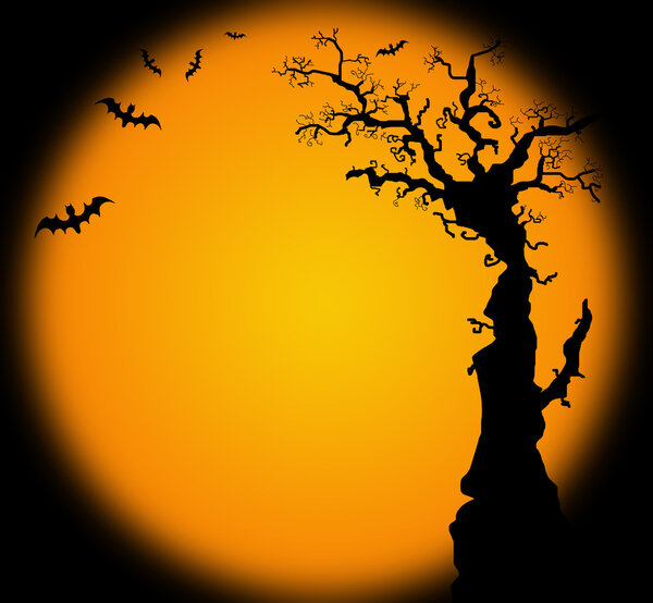 Hallowwen background illustration with bat and tree silhouette