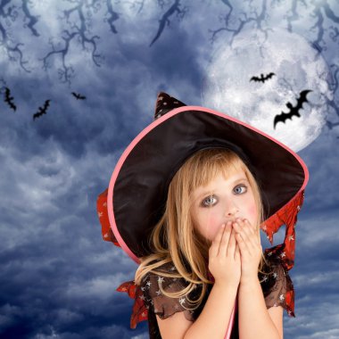 Halloween scared kid girl on dark moon sky clipart